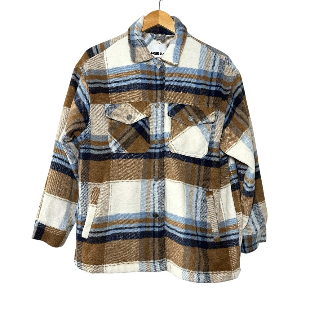 RSQ Plaid Wool Blend Shacket Jacket Medium Brown Blue Cream Oversized Workwear - Picture 2 of 14